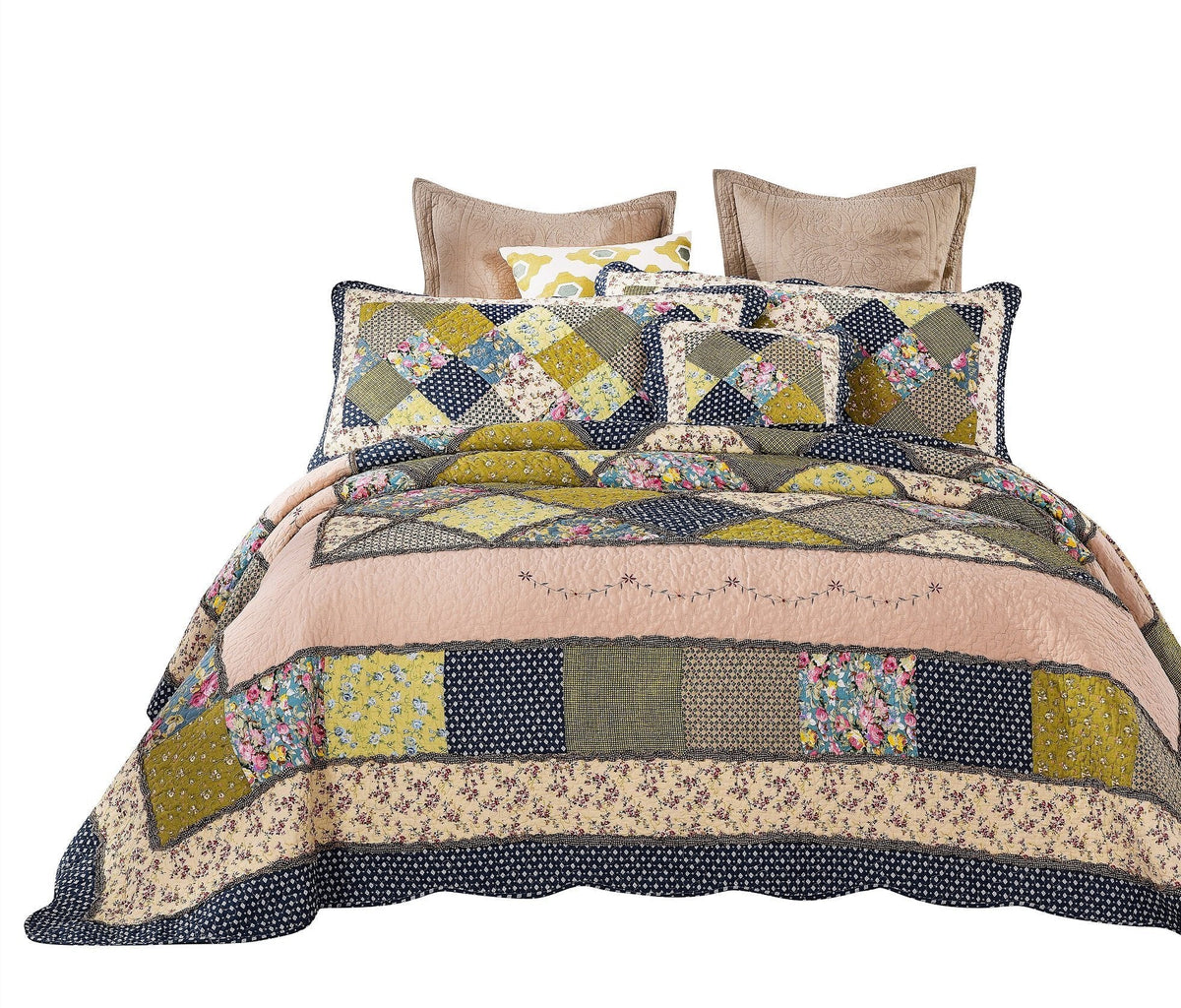 Spring Shower Olive and Navy Floral Scalloped Cotton Patchwork Quilt Set – view 7