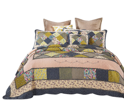 Spring Shower Olive and Navy Floral Scalloped Cotton Patchwork Quilt Set – view 7