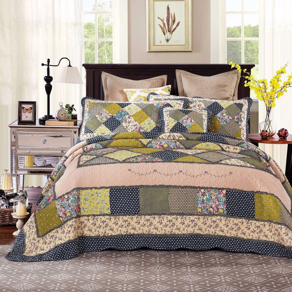 Cotton Patchwork Quilt Set, Olive Green & Navy Blue Floral
