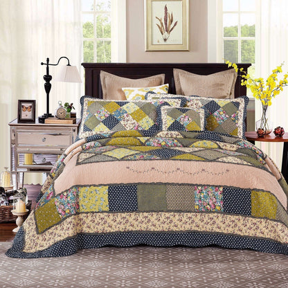 Cotton Patchwork Quilt Set, Olive Green & Navy Blue Floral