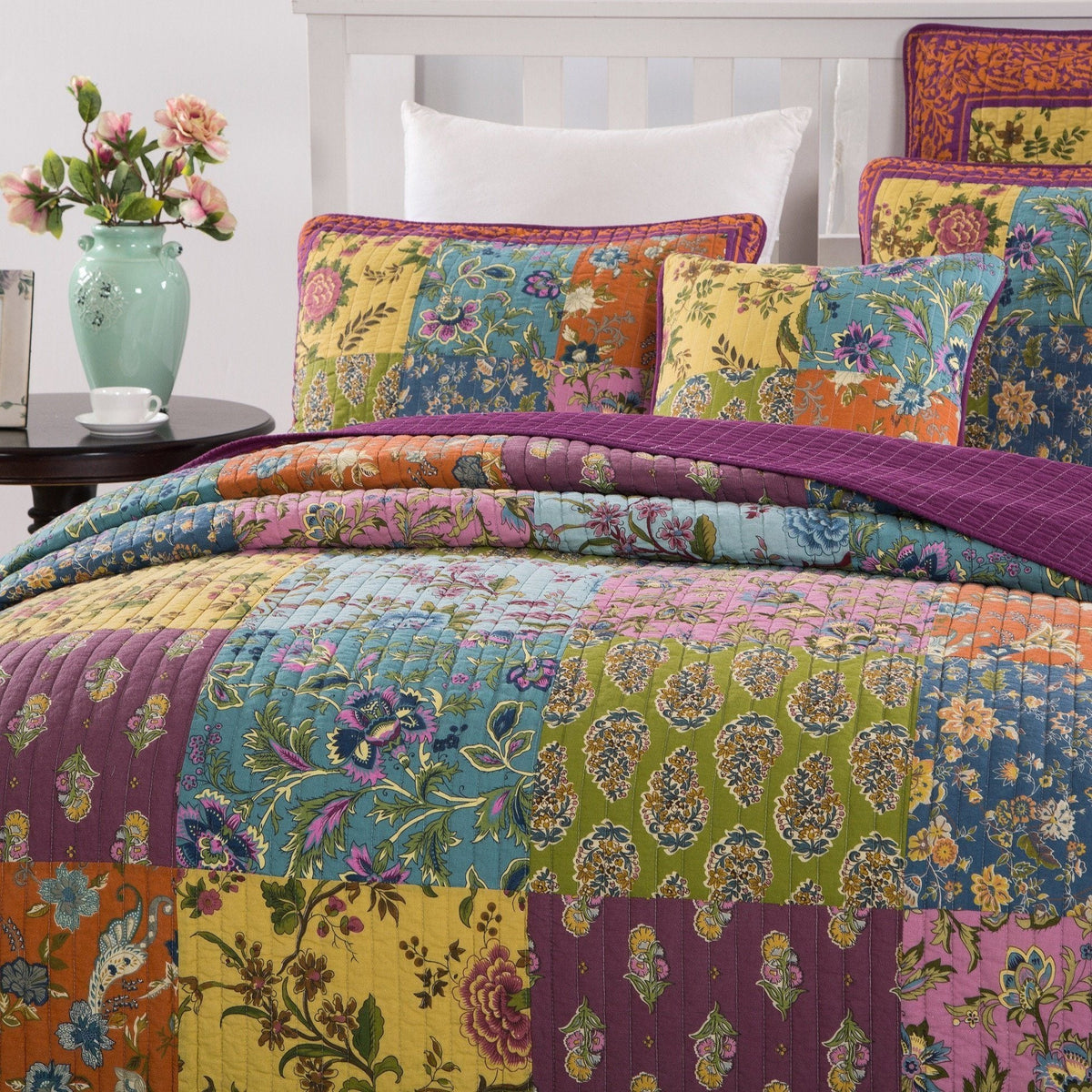 Bohemian Carnival Garden Cotton Quilted Patchwork Bedspread Set – view 4