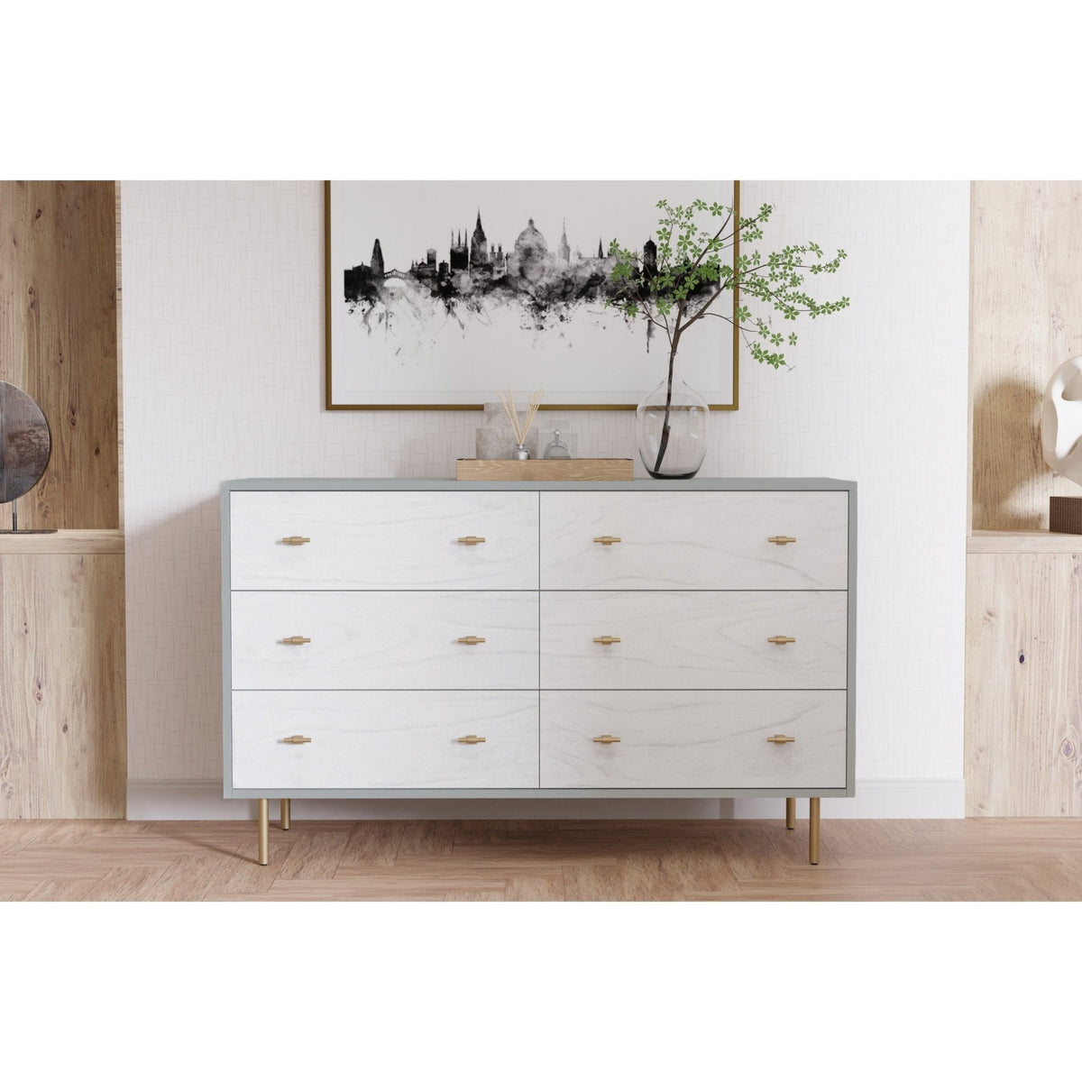 Weathered White Saige Dresser with Gold Accents