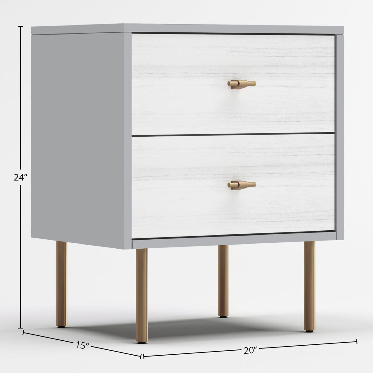 Saige White Wash Nightstand with Satin Gold Legs and Two Drawers – view 4