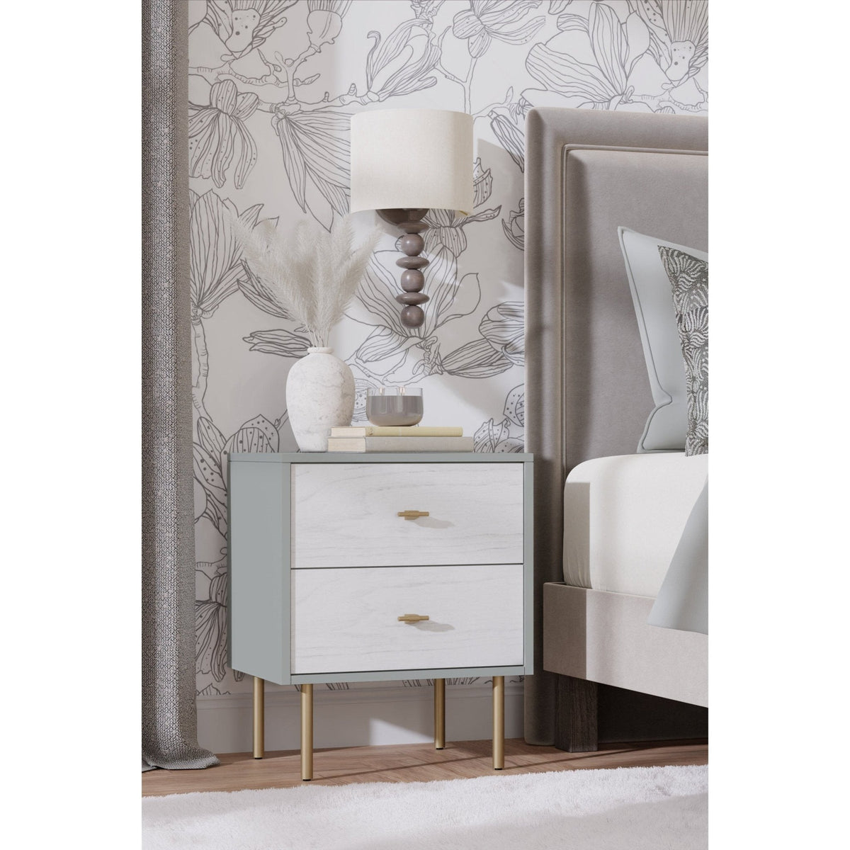 White Wash & Satin Gold Saige Nightstand with Drawers