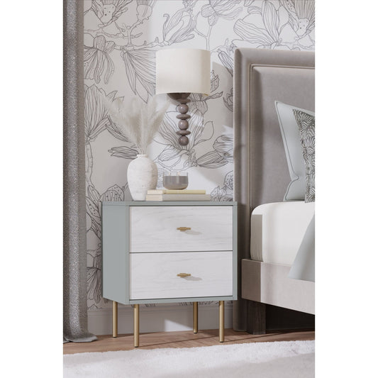 White Wash & Satin Gold Saige Nightstand with Drawers