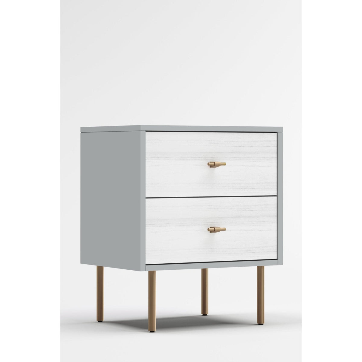 Saige White Wash Nightstand with Satin Gold Legs and Two Drawers – view 3