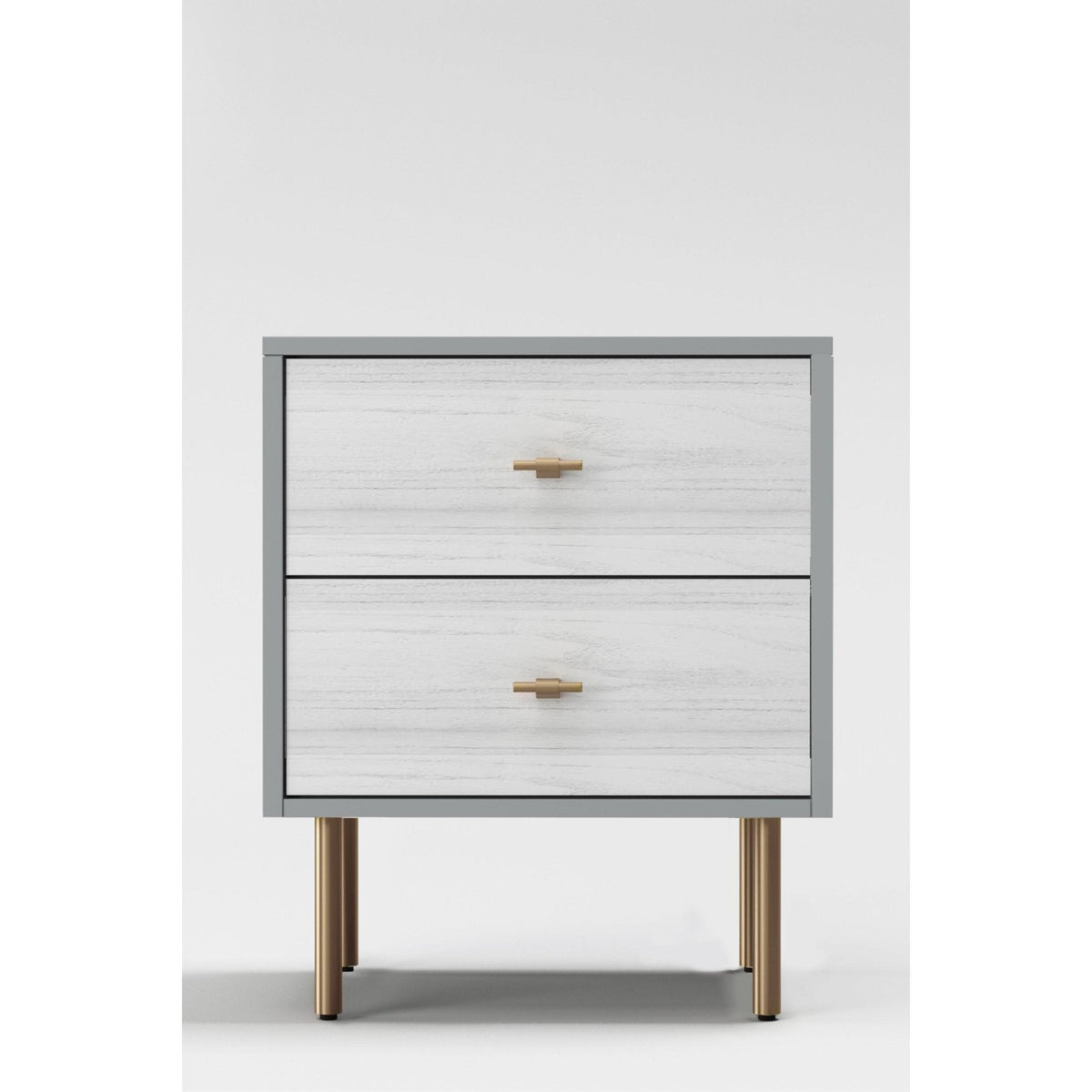 Saige White Wash Nightstand with Satin Gold Legs and Two Drawers – view 2