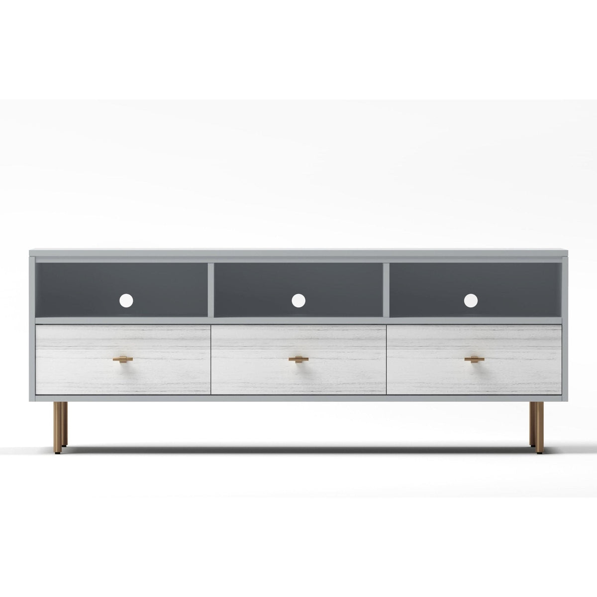 Saige Weathered White TV Console with Satin Gold Legs – view 3