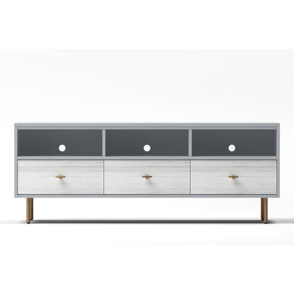 Saige Weathered White TV Console with Satin Gold Legs – view 3