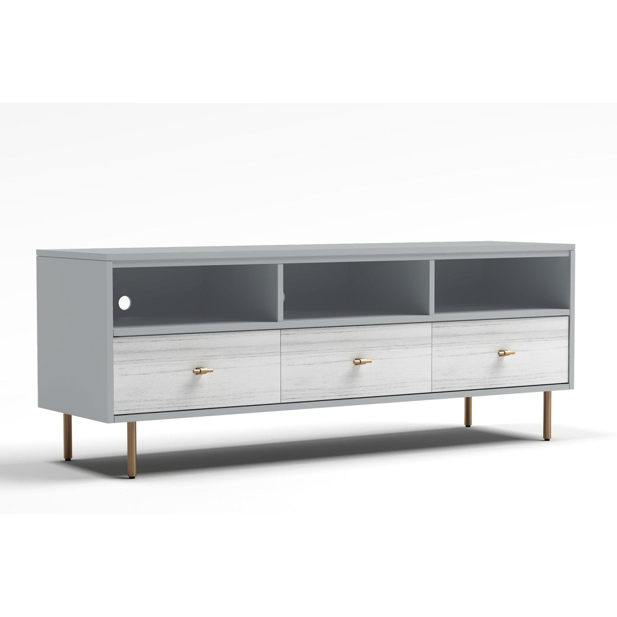 Saige Weathered White TV Console with Satin Gold Legs – view 2