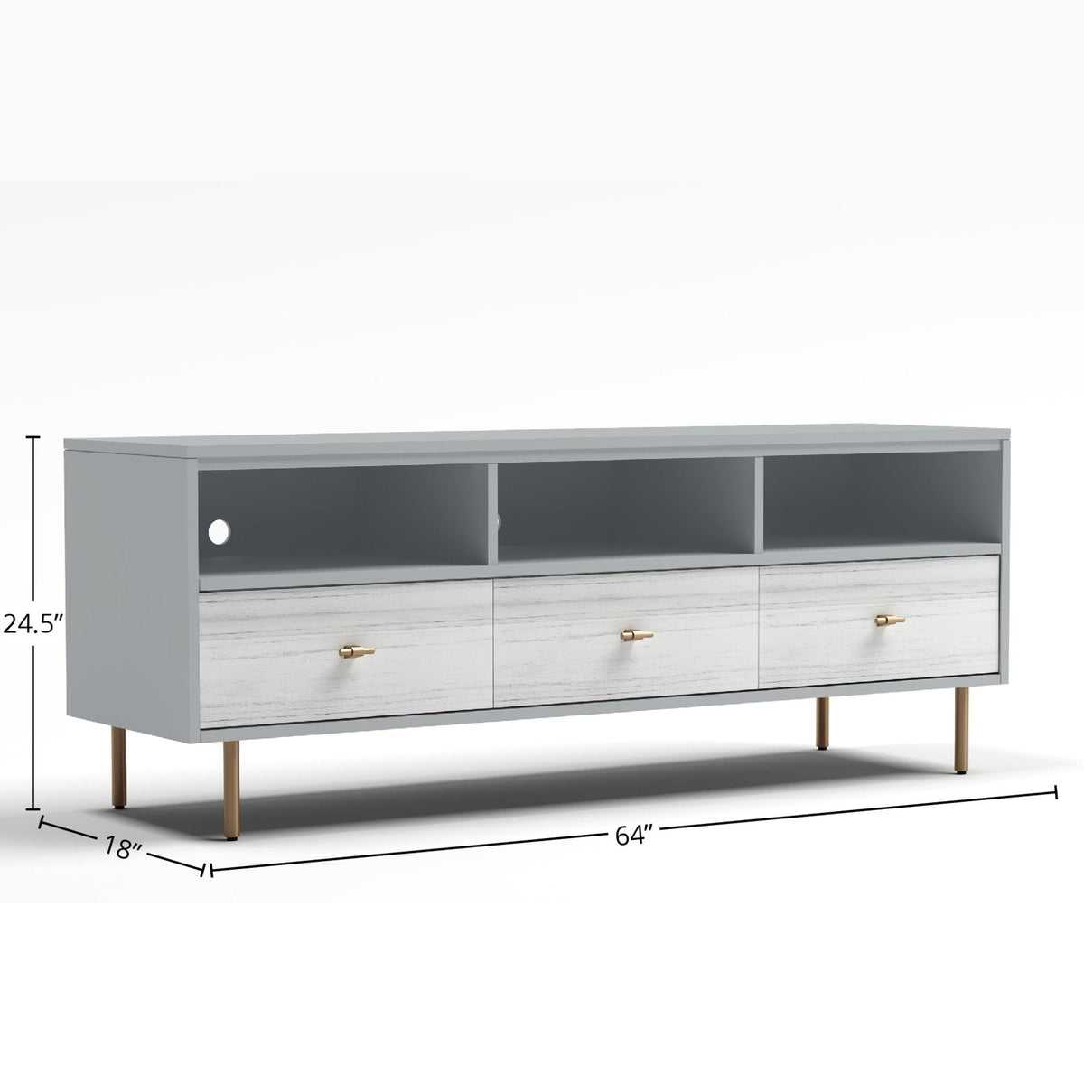 Saige Weathered White TV Console with Satin Gold Legs – view 4
