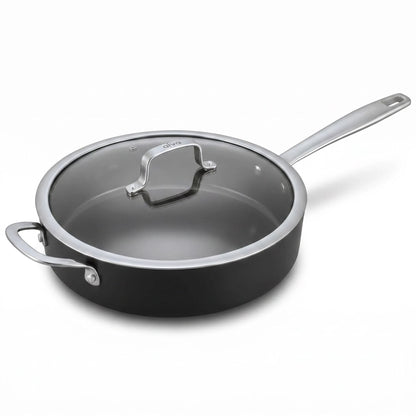 4-quart ceramic nonstick sauté pan with high sides and stainless steel handle on a stovetop