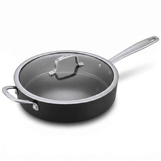 4-quart ceramic nonstick sauté pan with high sides and stainless steel handle on a stovetop
