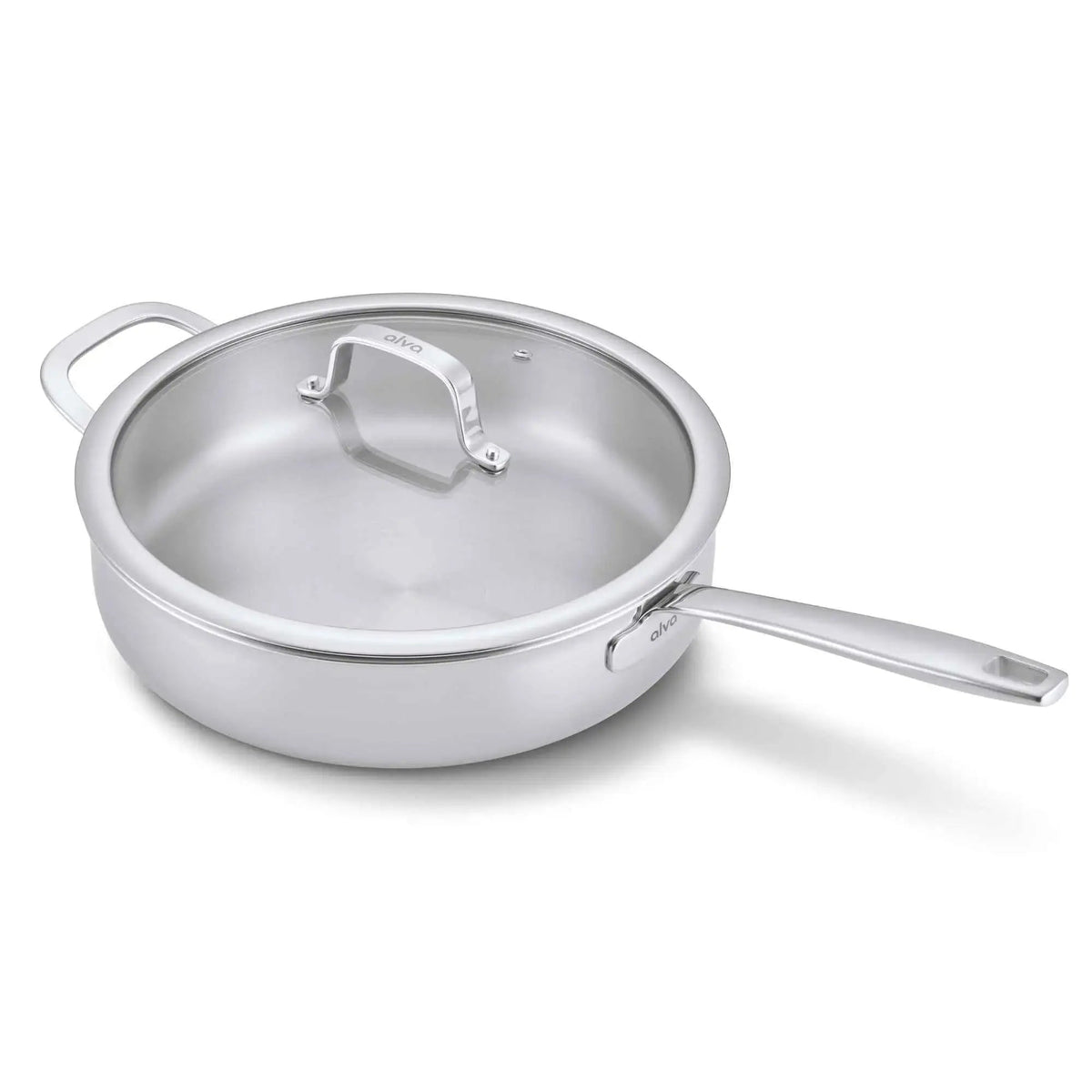 4-quart 5-ply stainless steel sauté pan with lid and long stainless steel handle