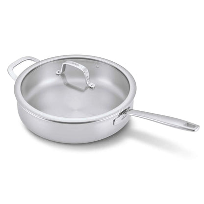 4-quart 5-ply stainless steel sauté pan with lid and long stainless steel handle