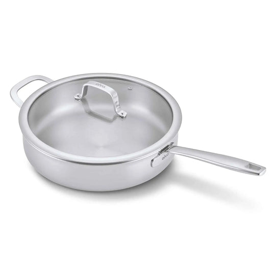 4-quart 5-ply stainless steel sauté pan with lid and long stainless steel handle