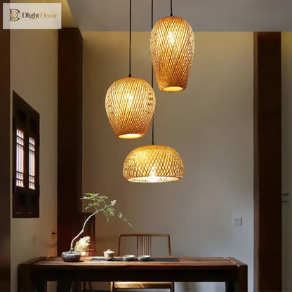 Hand-Knitted Bamboo Rattan Pendant Lights, Set of 3 – view 6