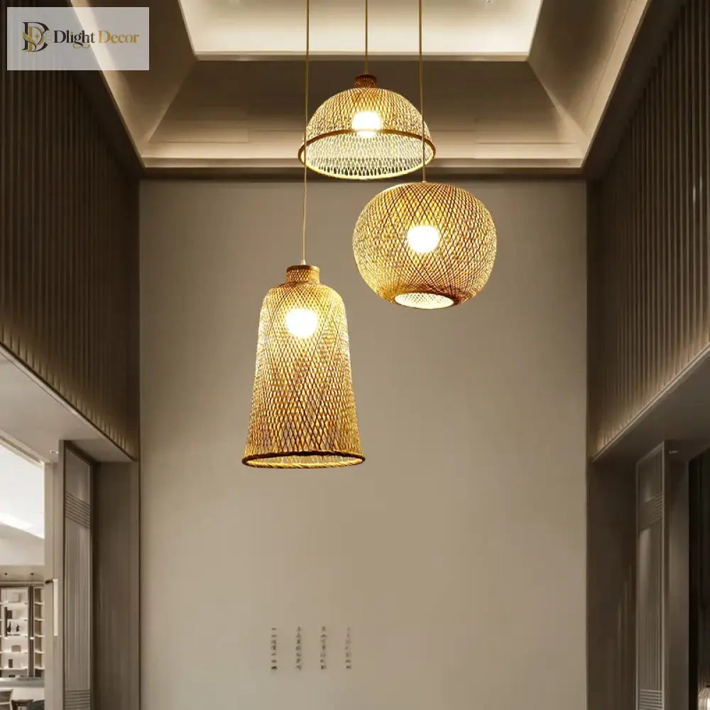 Hand-Knitted Bamboo Rattan Pendant Lights, Set of 3 – view 4