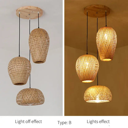 Set of three hand-knitted bamboo rattan pendant lights hanging over a wooden dining table
