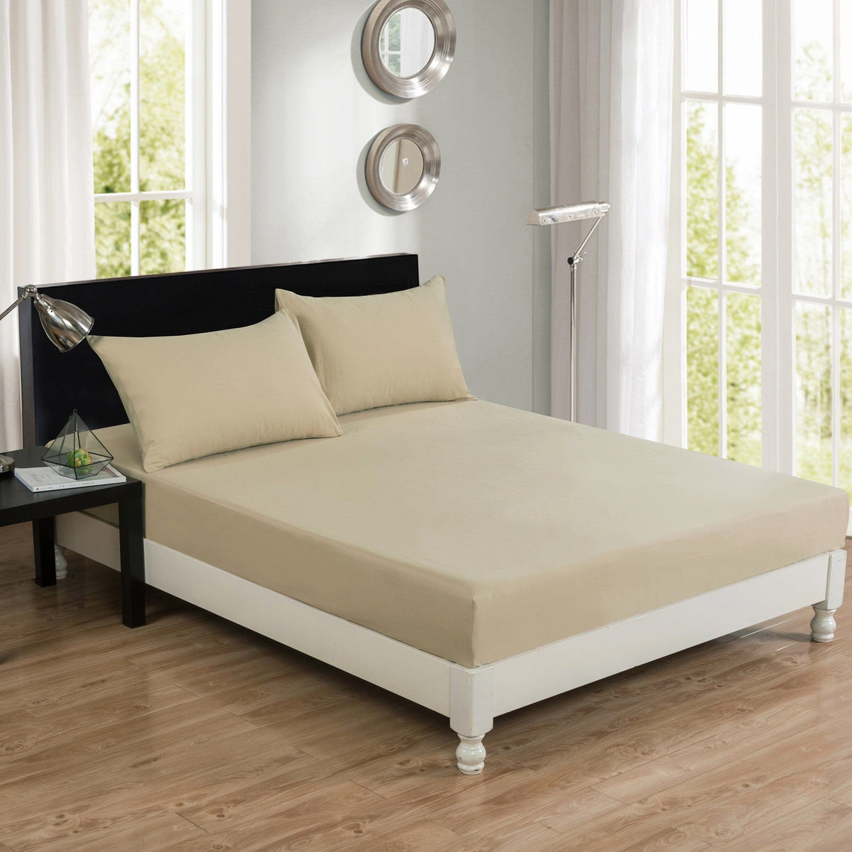 Poplin Cotton Tan Beige Fitted Sheet and Pillowcase Set