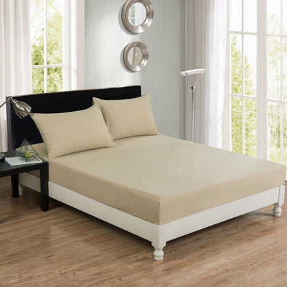 Poplin Cotton Tan Beige Fitted Sheet and Pillowcase Set