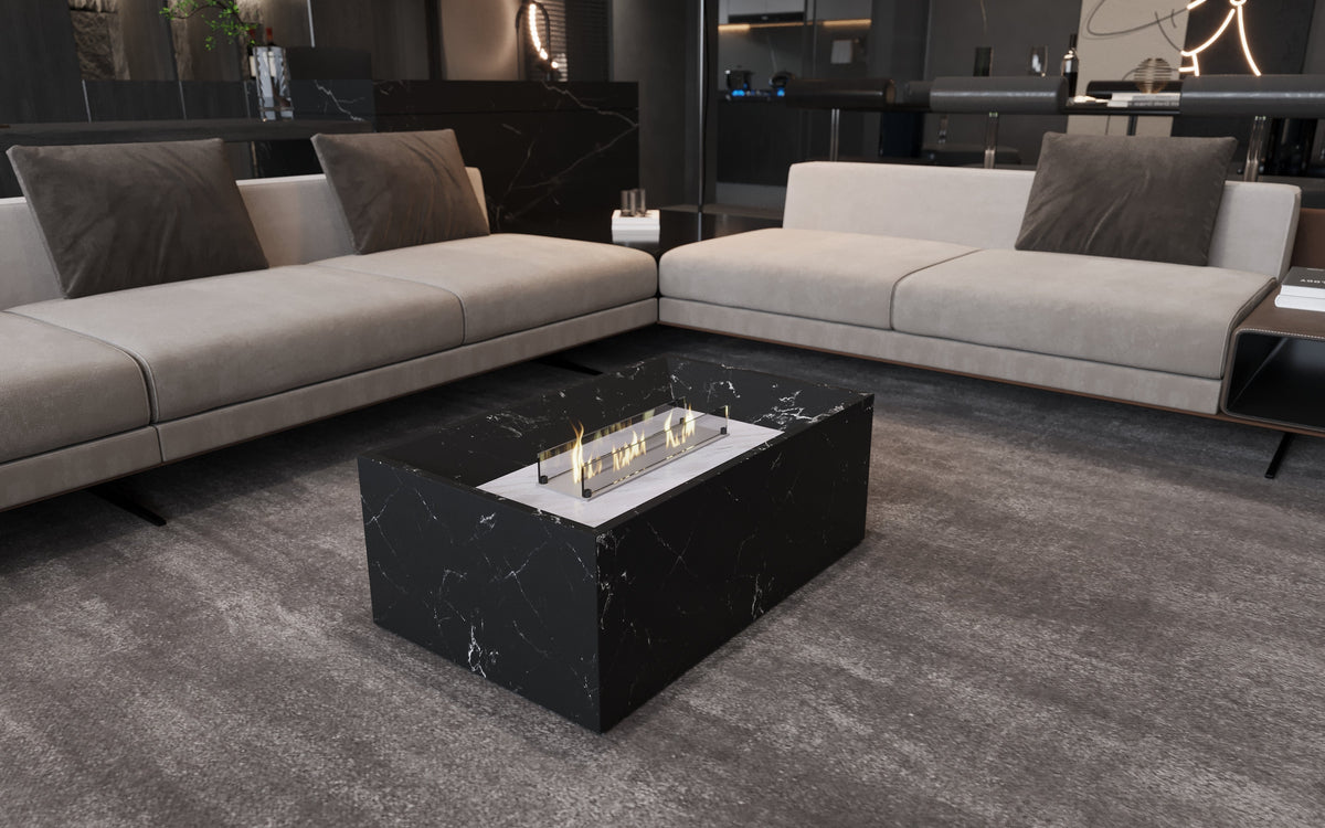 Nero Marquina Black Marble Coffee Table with Bioethanol Fireplace