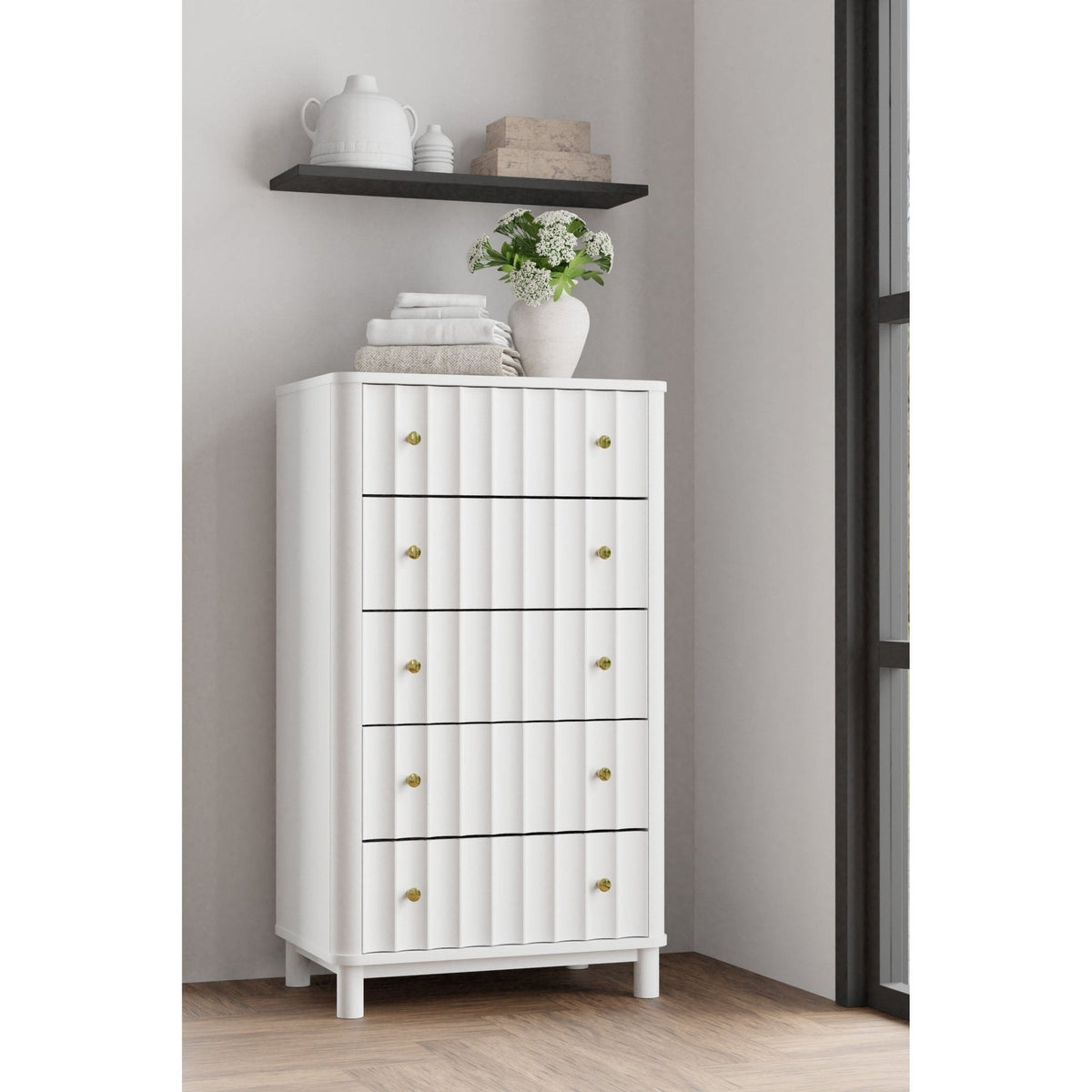 White Mahogany Five-Drawer Chest with Distinctive Scalloped Motif