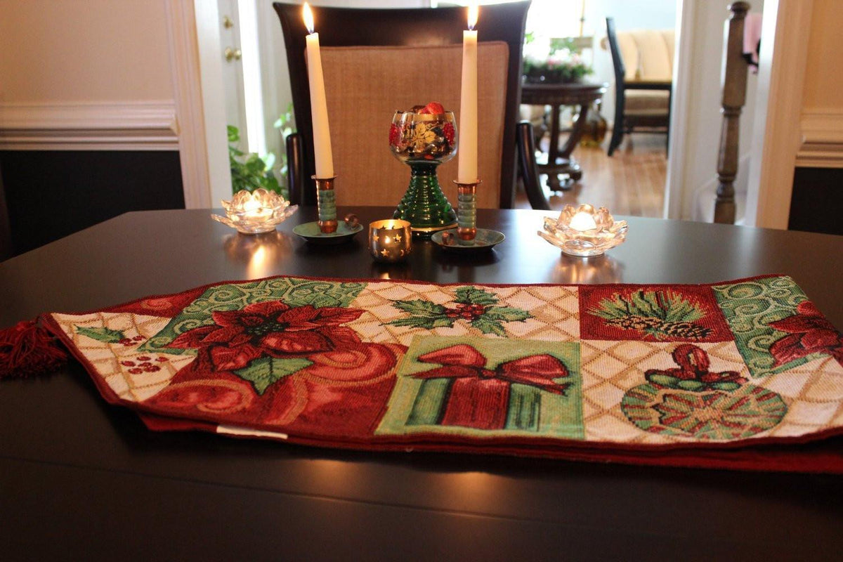 Holiday Tidings Poinsettia and Ornament Christmas Table Runner – view 10