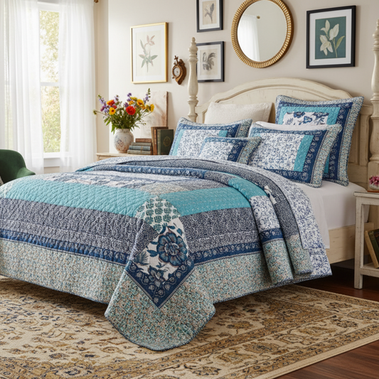 Blue and white floral cotton patchwork coverlet quilt set with shams in a bright bedroom