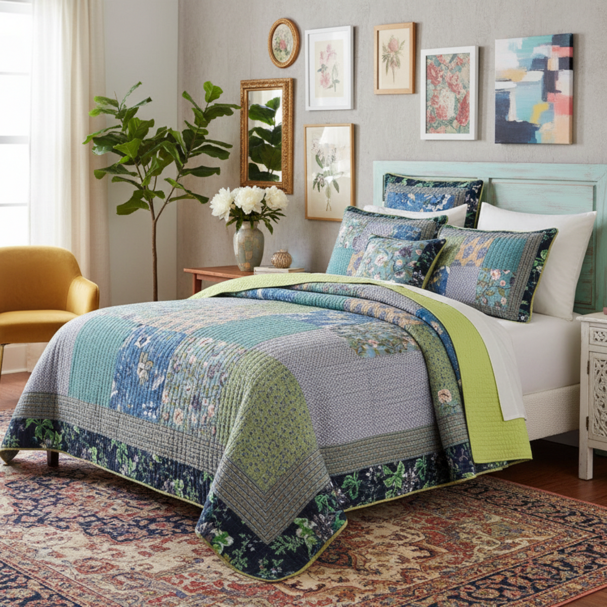Navy, teal and yellow tropical calla lily cotton patchwork bedspread set in a bright bedroom