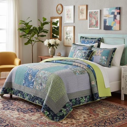Navy, teal and yellow tropical calla lily cotton patchwork bedspread set in a bright bedroom