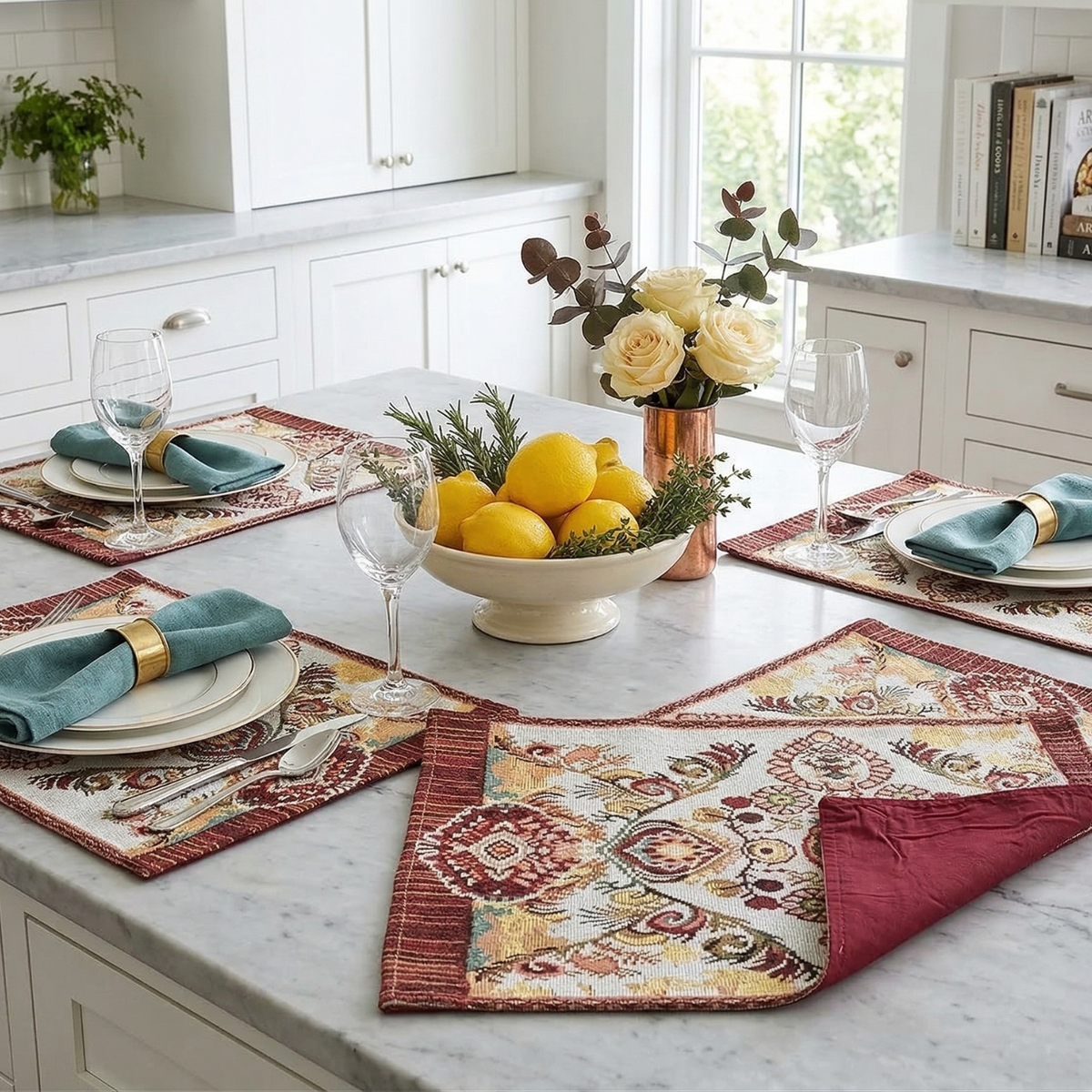 Burgundy Ornate Paisley Woven Tapestry Placemats, Eclectic Dining Set – view 9
