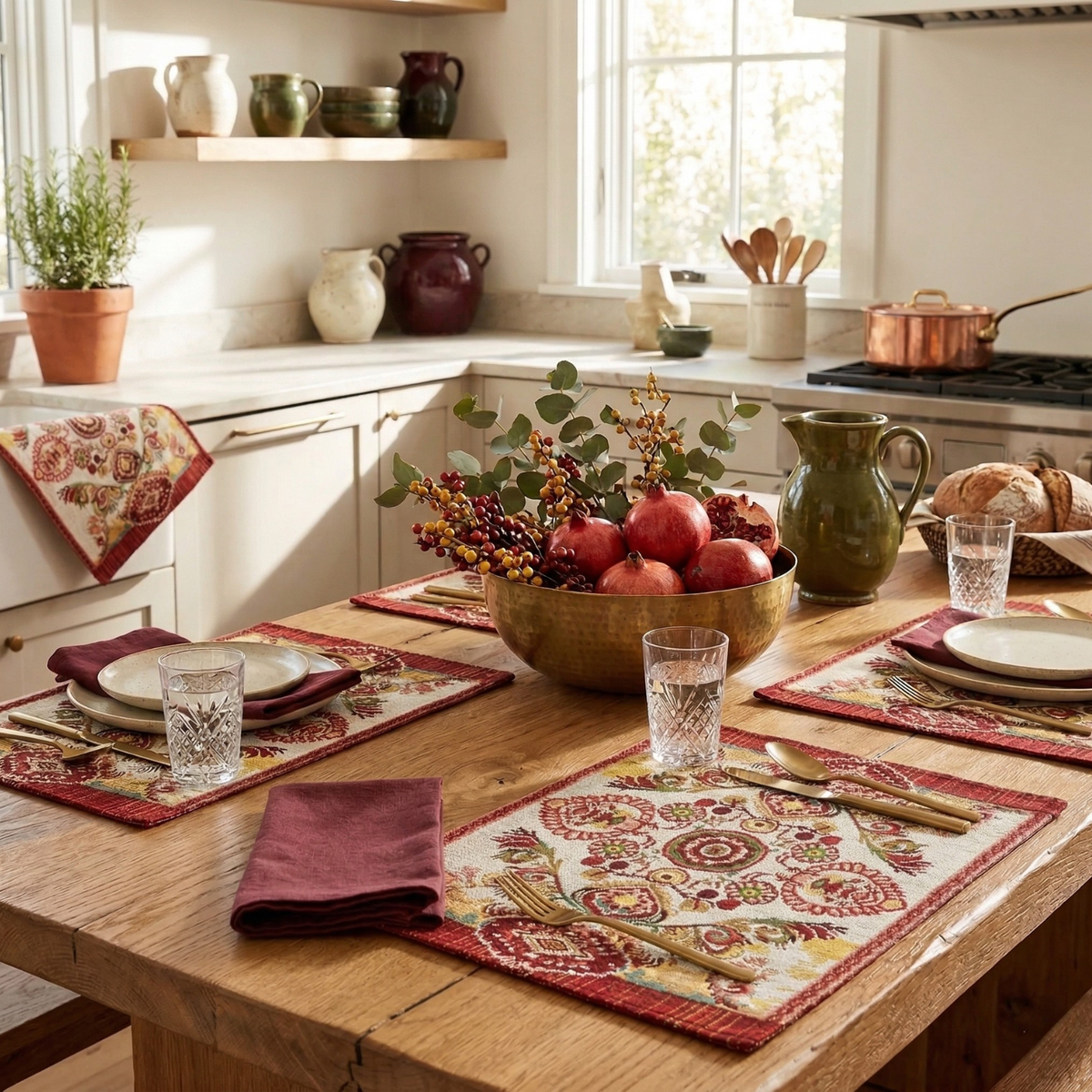 Burgundy Ornate Paisley Woven Tapestry Placemats, Eclectic Dining Set – view 10