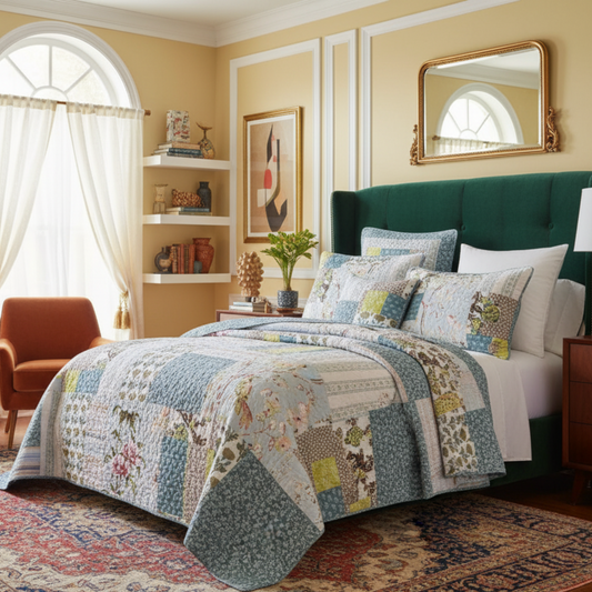 Pastel blue cotton plaid floral patchwork quilt set with pillow shams in a bright bedroom