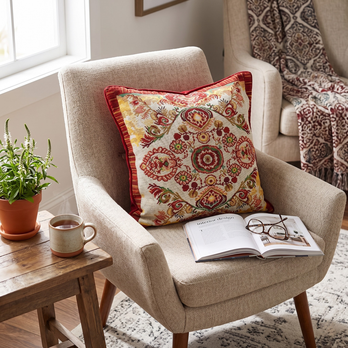 Elegant Burgundy Ornate Paisley Woven Tapestry Throw Pillow Cover – view 2
