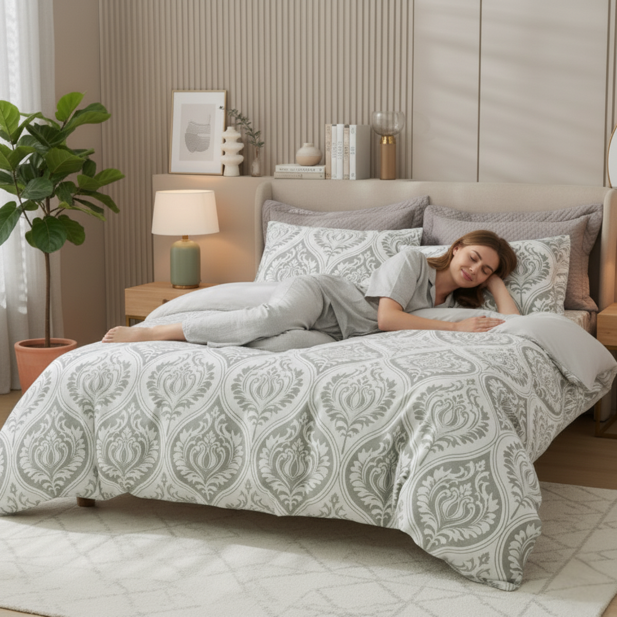 Dreamy Moon Sky Ogee Damask Reversible Duvet Cover in Gray and White – view 3