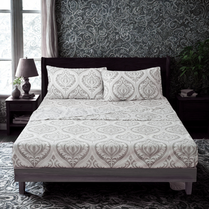 Dreamy Moon Sky Ogee Damask Gray and White Bed Sheet Set – view 8