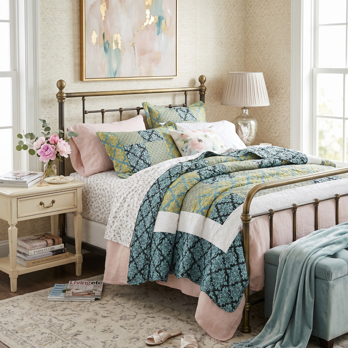 Turquoise Damask Baroque Scalloped Reversible Quilt Set – view 2