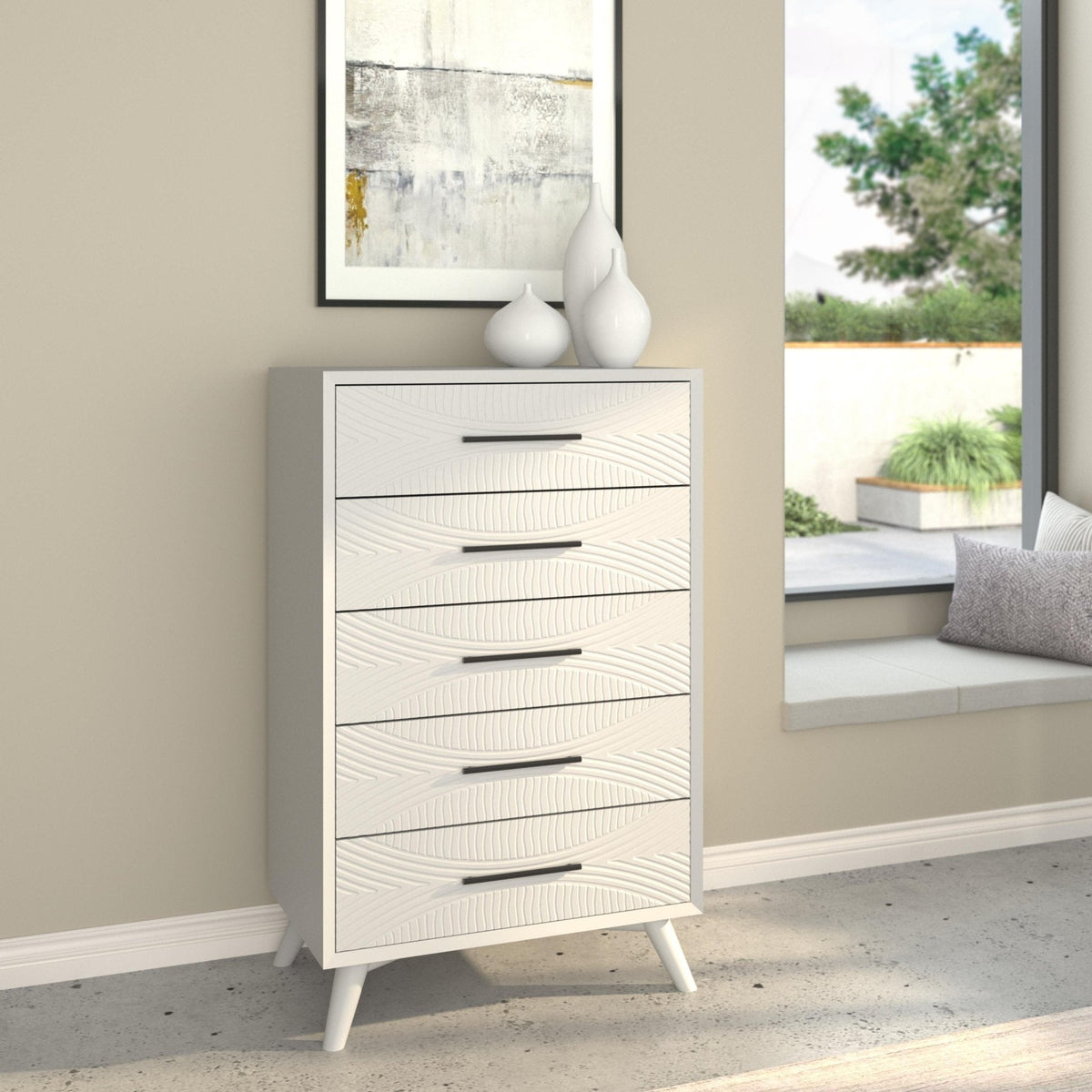 White Mahogany Wood Tranquility Chest with Five Drawers