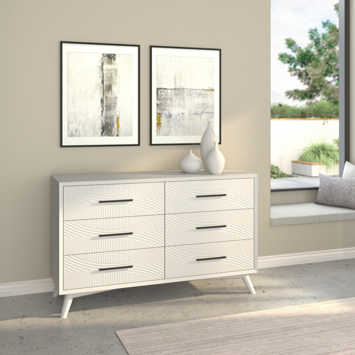 Mahogany Wood Dresser with Six Storage Drawers, White