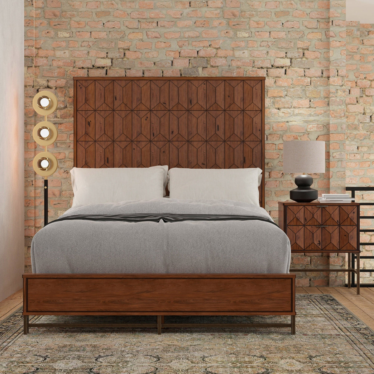 Pine Solids and Veneers Trig Bed with Bronze Metal Base