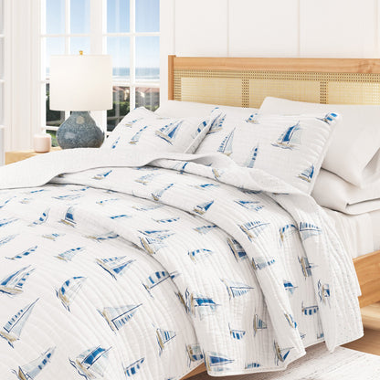 Blue Watercolor Sailboat Coastal Quilt Set – Marzano Collection – view 6