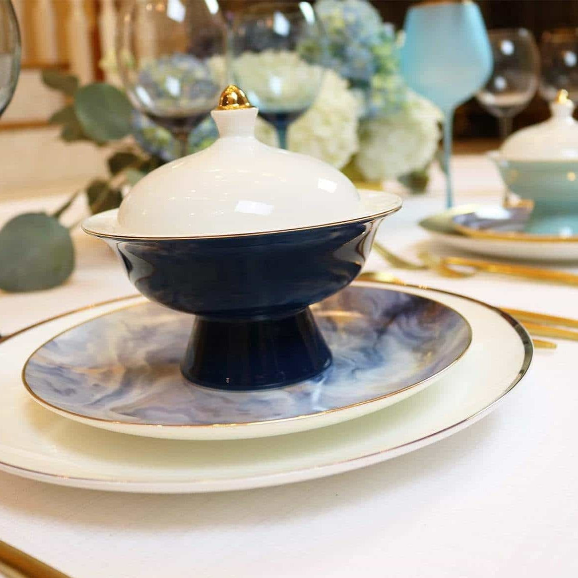 Navy Versaille Mini Soup Bowls with Gold-Studded Lids, Set of 4 – view 2
