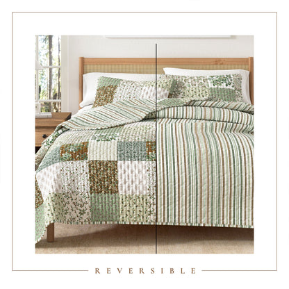 Brown Floral Grid Patchwork Microfiber Quilt Set – Damia Collection – view 3