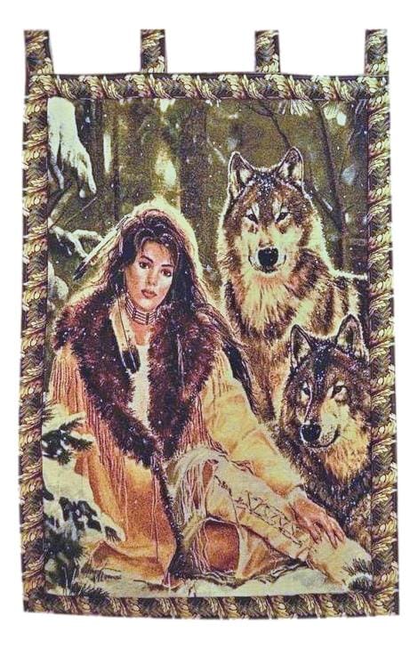 Cotton Blend Tapestry Wall Hanging, Wolves & Woman Motif