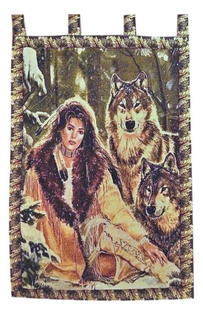 Cotton Blend Tapestry Wall Hanging, Wolves & Woman Motif