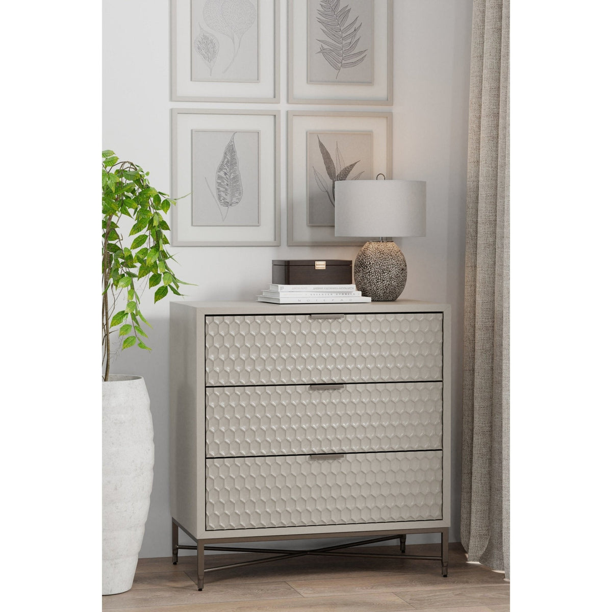 White Pearl 3-Drawer Accent Chest with Gold Metal Base – view 14