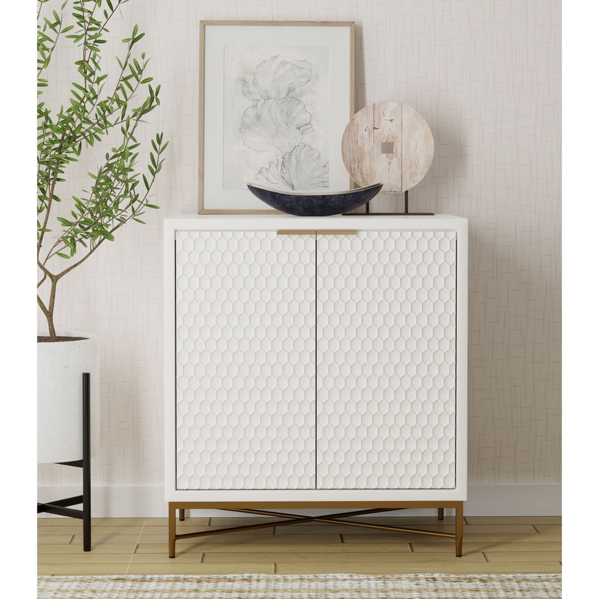 White Pearl Bar Cabinet with Gold Metal Base and Handles