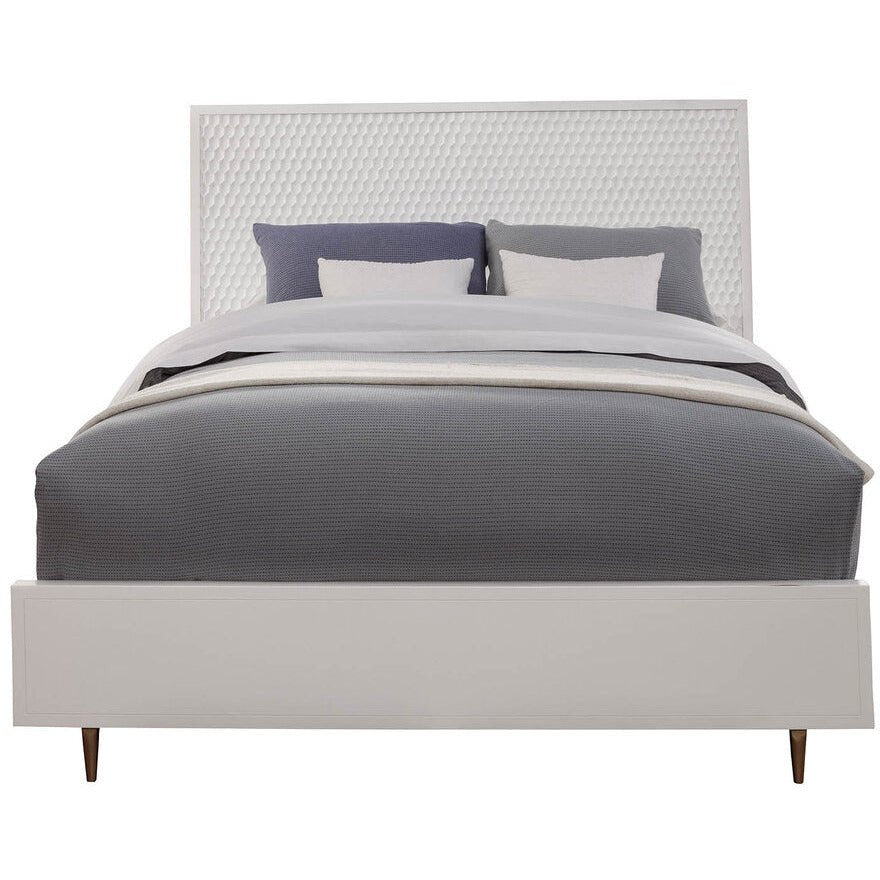 White Pearl Panel Bed with Textured Headboard and Gold Legs – view 2