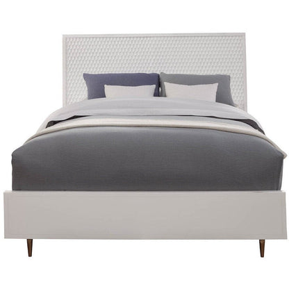 White Pearl Panel Bed with Textured Headboard and Gold Legs – view 2